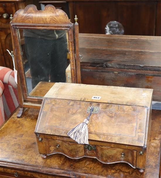 A Queen Anne style walnut toilet mirror and a writing box Box W.40cm